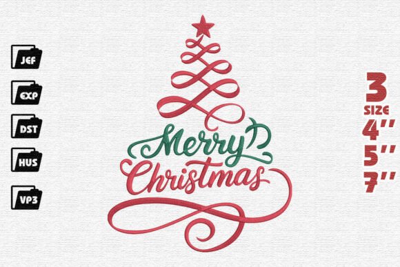 Elegant Merry Christmas with Swirling Ribbon Tree Embroidery Design